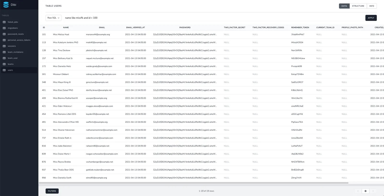 Dibi showing the rows of a users table, with a raw SQL filter above the grid and the list of tables on the left.