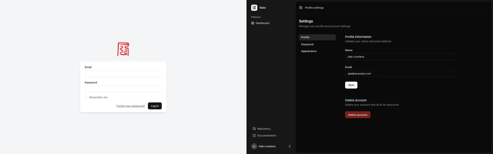 Two Kaze screens side by side: a login form with email and password in light mode, and the profile settings page in dark mode.